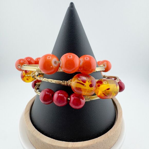 3 Bohemian Wire-Wrapped Beaded Bangle Bracelets Orange Amber Red Stackable Retro - Picture 5 of 12